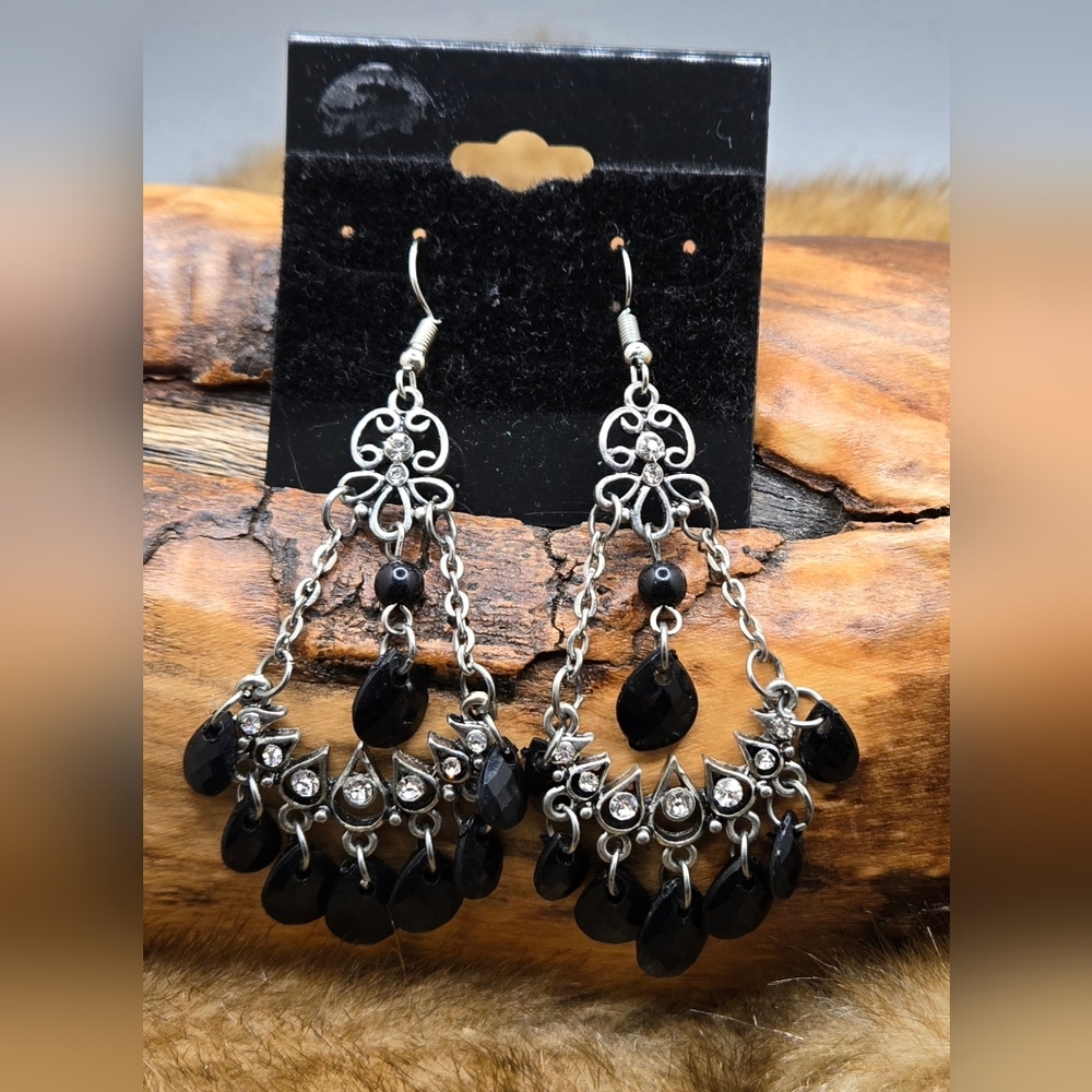 Chandelier Style Earrings w/ Faceted Black Danglers & Clear Cystal Accents